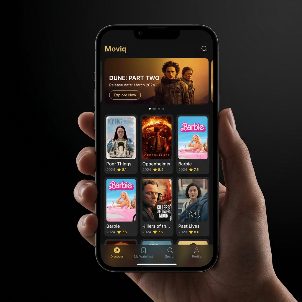 Moviq App Interface Showing Dark Cinematic Theme with Movie Grid and Release Reminders